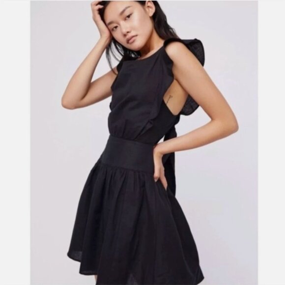 Free People Erin Linen Mini Dress Black Large Ruffle Back Bow Boho Cottagecore - Picture 6 of 16